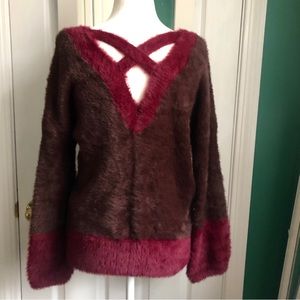 Eyelash faux fur V-Neck Sweater NWT S , brown/cranberry